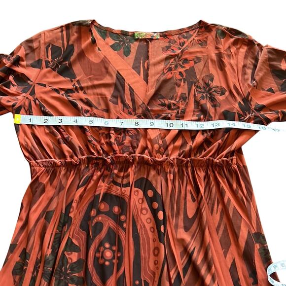 Fave Rust Sublimation Print Slinky Knit Dress Size Medium Mini 3/4 Sleeves Y2K - Picture 7 of 9